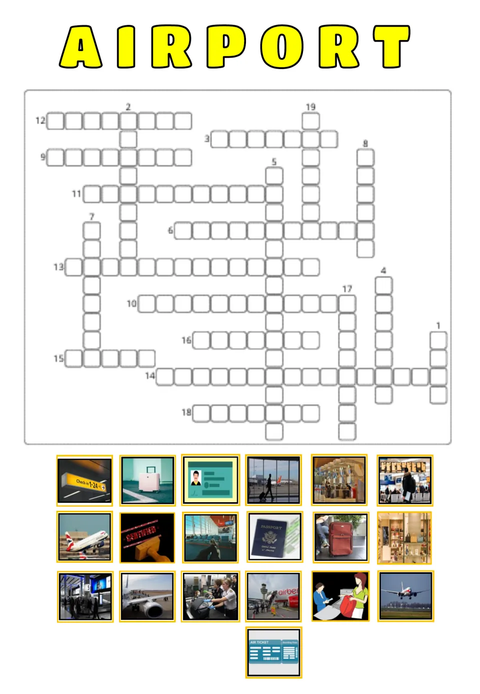 Airport picture crossword with 19 mixed photos like a ticket, ID card and plane landing; students name each and place it