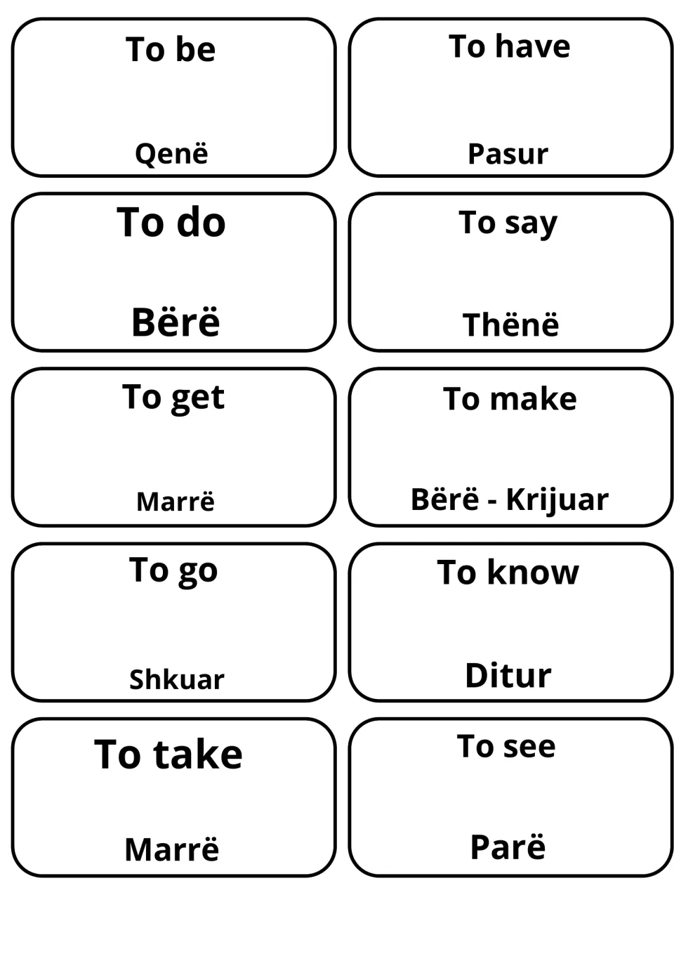 English-Albanian verb cards: to be, have, do, say, get, make, go, know, take and see, each with its Albanian translation
