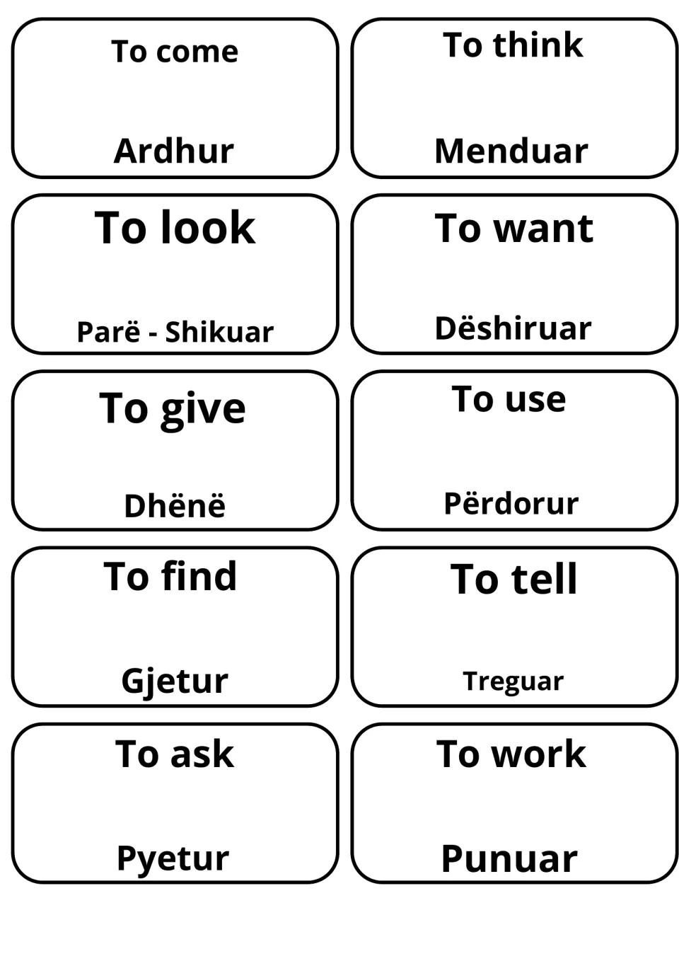 Verb vocabulary cards pairing come, think, look, want, give, use, find, tell, ask and work with Albanian words to memorize