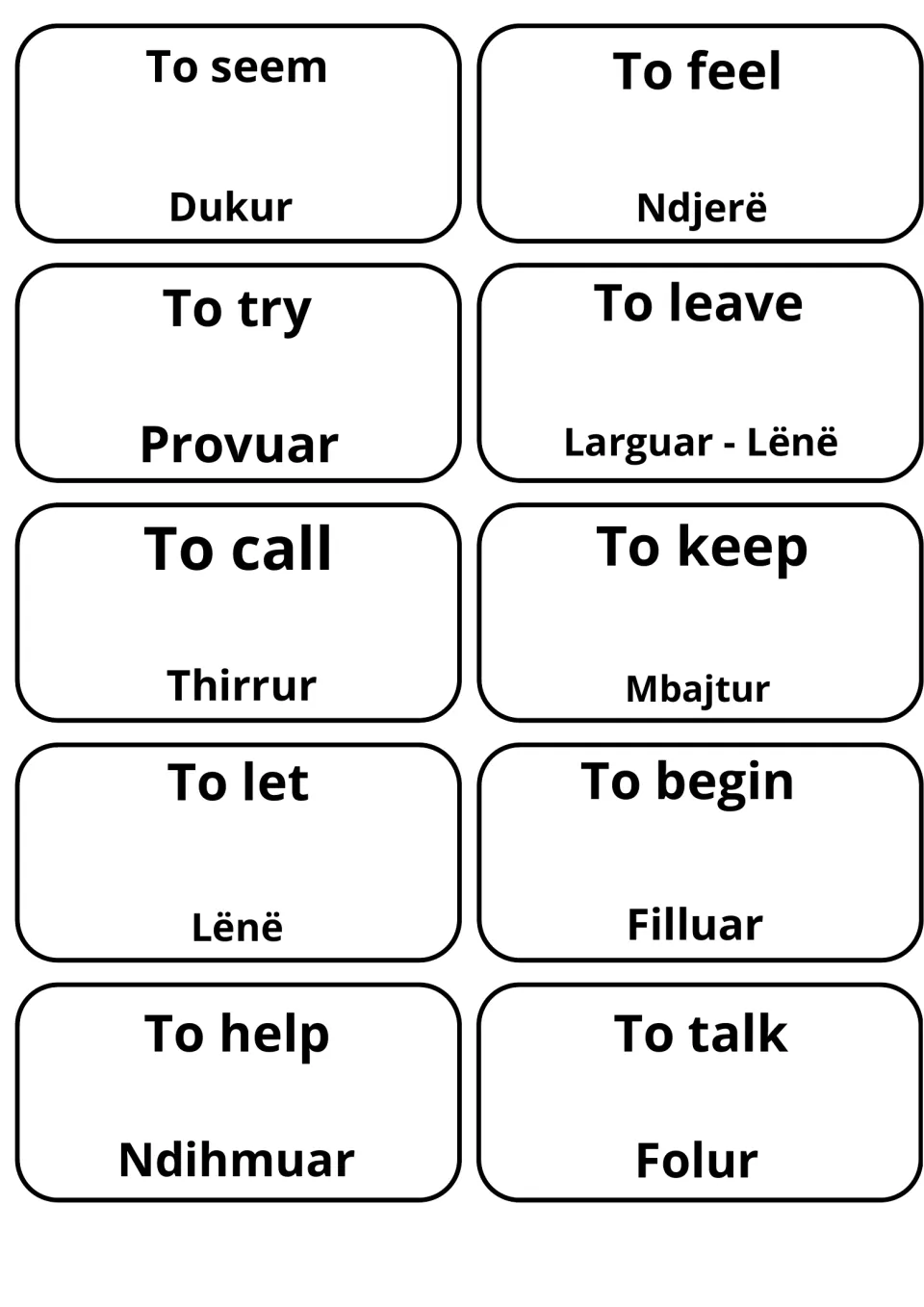 Ten cards translating seem, feel, try, leave, call, keep, let, begin, help and talk into Albanian for vocabulary review