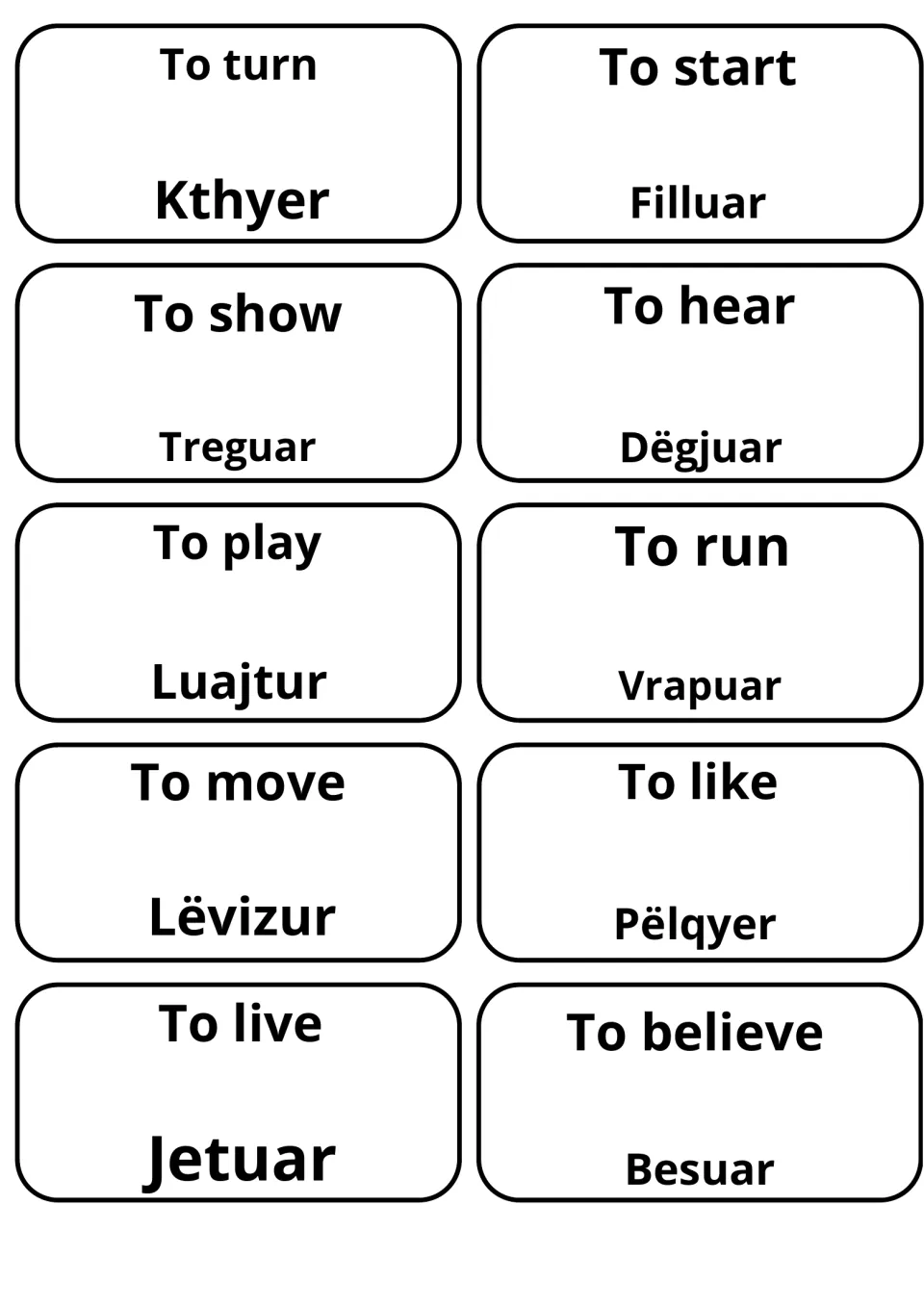Verb cards for turn, start, show, hear, play, run, move, like, live and believe, each showing the Albanian equivalent