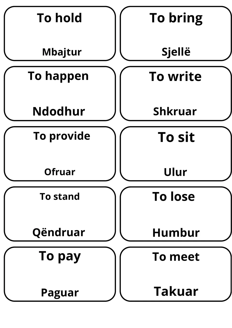 Cards for hold, bring, happen, write, provide, sit, stand, lose, pay and meet, matched with Albanian forms for word recall