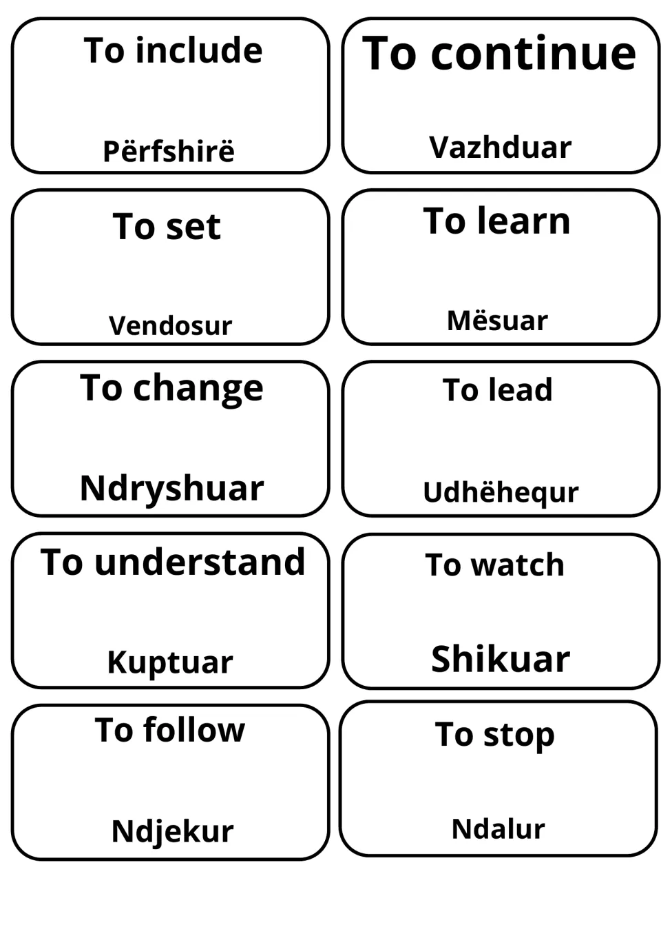 Translation cards for include, continue, set, learn, change, lead, understand, watch, follow and stop with Albanian words
