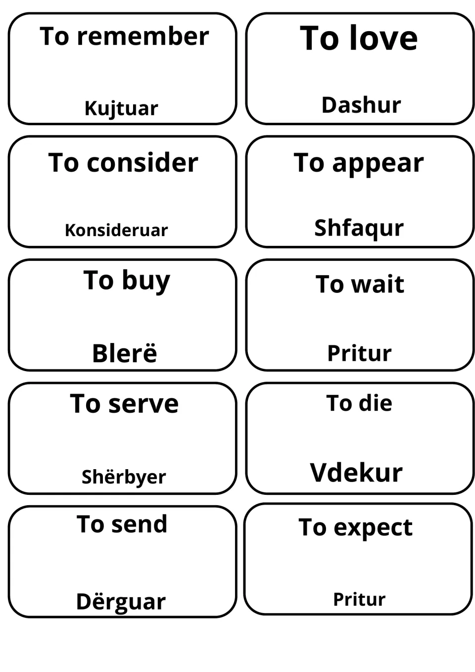 Verb cards for remember, love, consider, appear, buy, wait, serve, die, send and expect, each labeled in Albanian