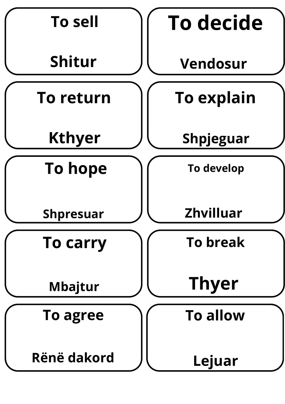 Cards for sell, decide, return, explain, hope, develop, carry, break, agree and allow, with Albanian such as Rënë dakord