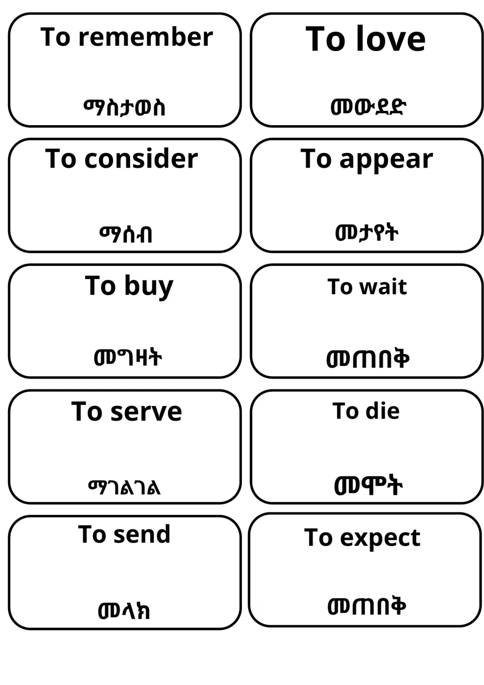 Translation cards for remember, love, consider, appear, buy, wait, serve, die, send and expect, English paired with Amharic