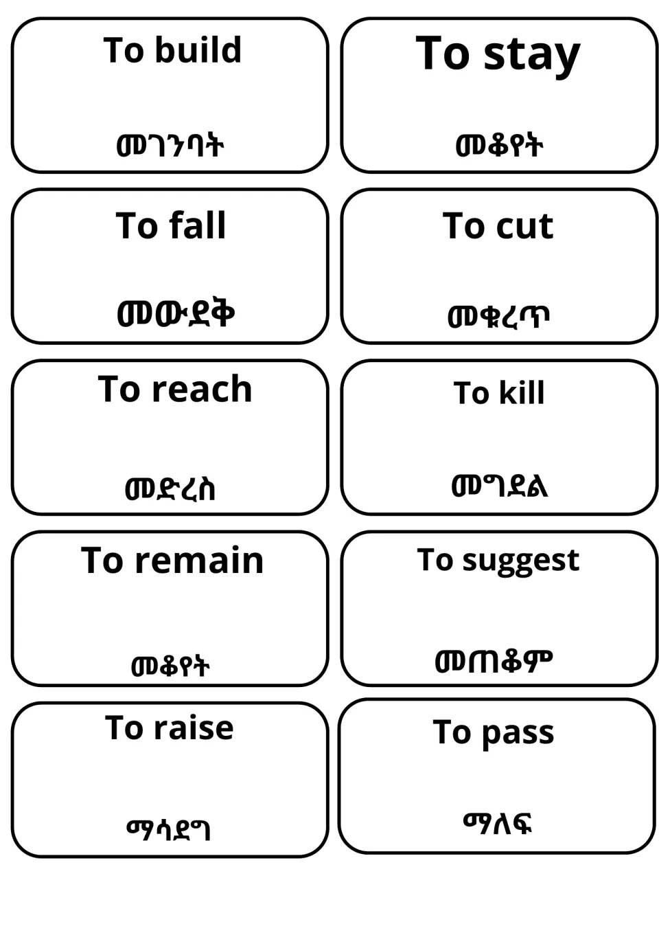 Bilingual cards for build, stay, fall, cut, reach, kill, remain, suggest, raise and pass, each giving the Amharic infinitive