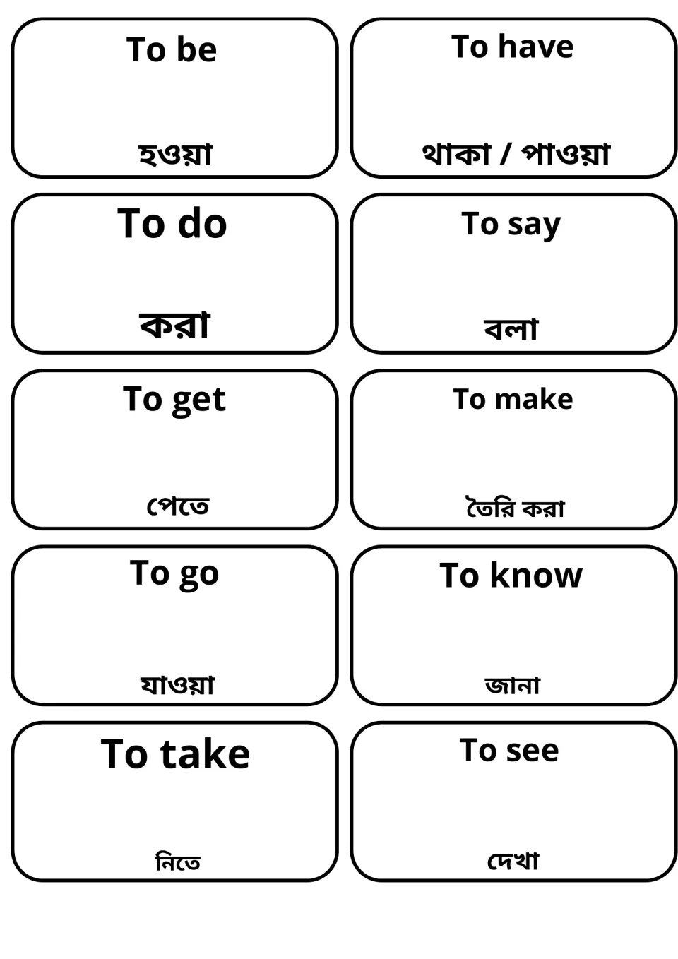 English verbs with Bengali meanings: 10 flashcards for to be, have, do, say, get, make, go, know, take and see