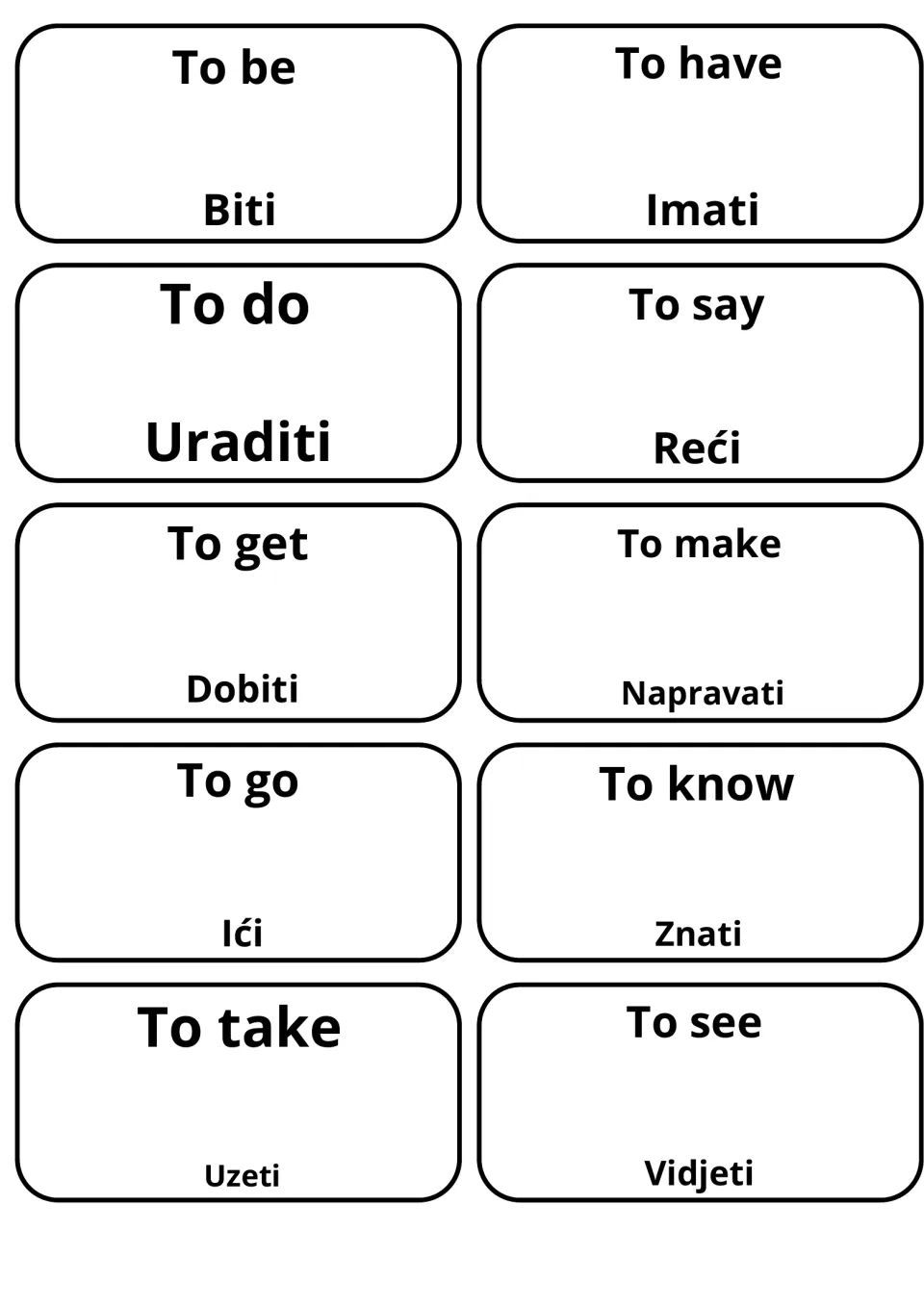 English-Bosnian verb cards: to be, have, do, say, get, make, go, know, take and see, each paired with its Bosnian verb