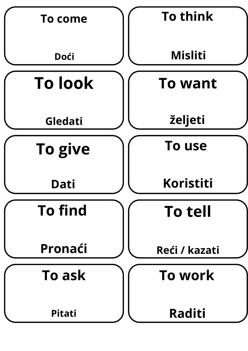 Verb cards matching come, think, look, want, give, use, find, tell, ask and work to Bosnian words such as Doći and Misliti