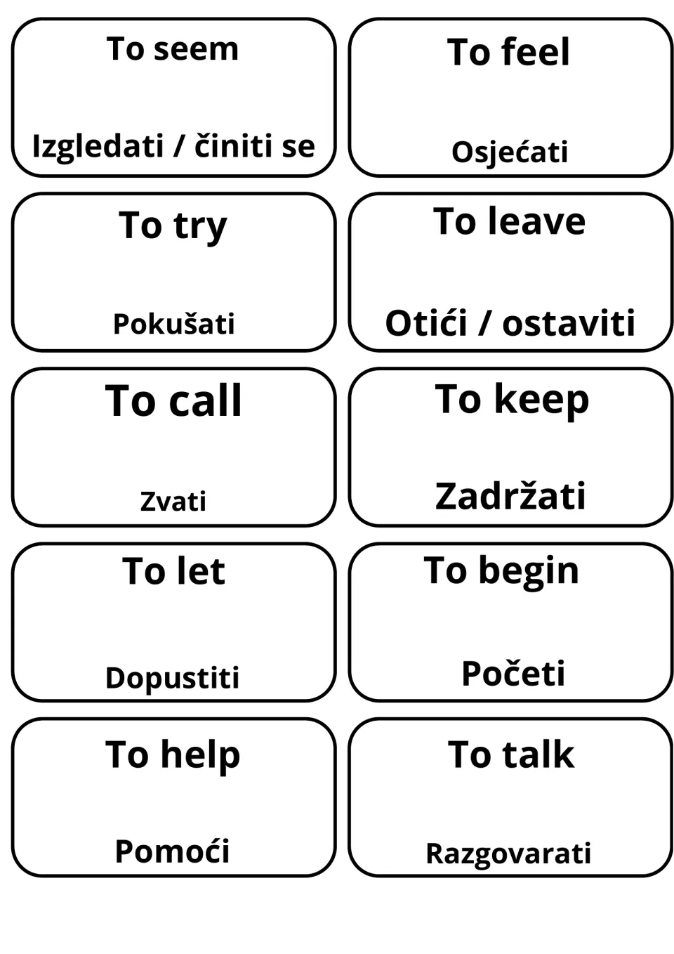 Ten printable cards pairing seem, feel, try, leave, call, keep, let, begin, help and talk with Bosnian meanings