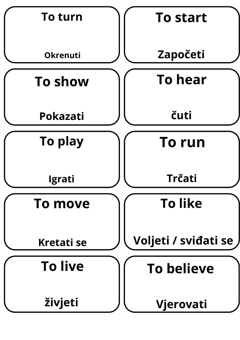 Vocabulary cards for turn, start, show, hear, play, run, move, like, live and believe, with Bosnian such as Trčati