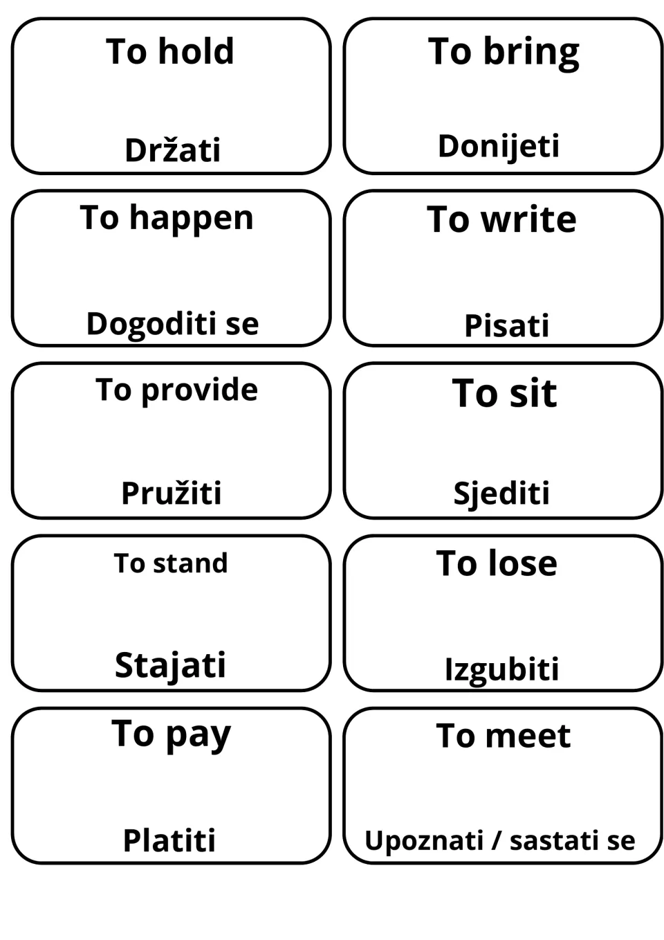 English verbs hold, bring, happen, write, provide, sit, stand, lose, pay and meet shown on cards with Bosnian translations