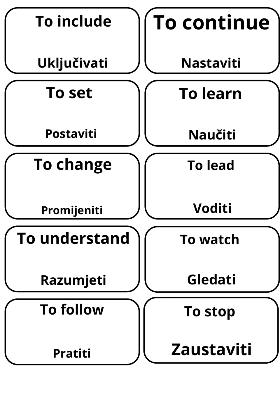 Cards translating include, continue, set, learn, change, lead, understand, watch, follow and stop into Bosnian