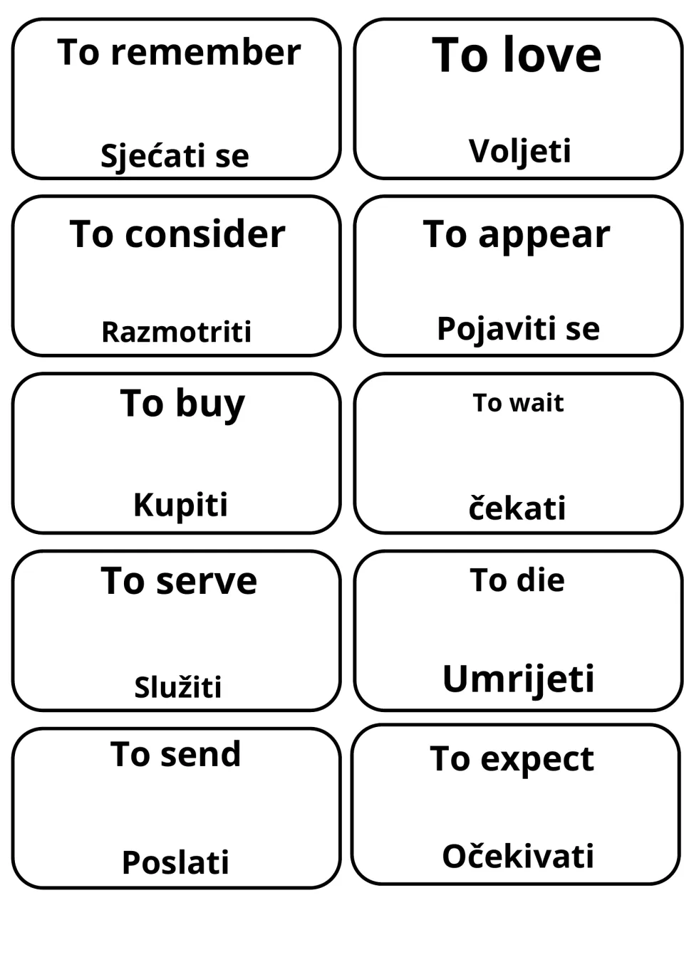 Cards pairing remember, love, consider, appear, buy, wait, serve, die, send and expect with Bosnian such as Sjećati se