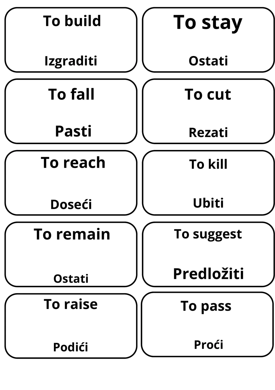 English to Bosnian verbs on cards: build, stay, fall, cut, reach, kill, remain, suggest, raise and pass, e.g. Izgraditi