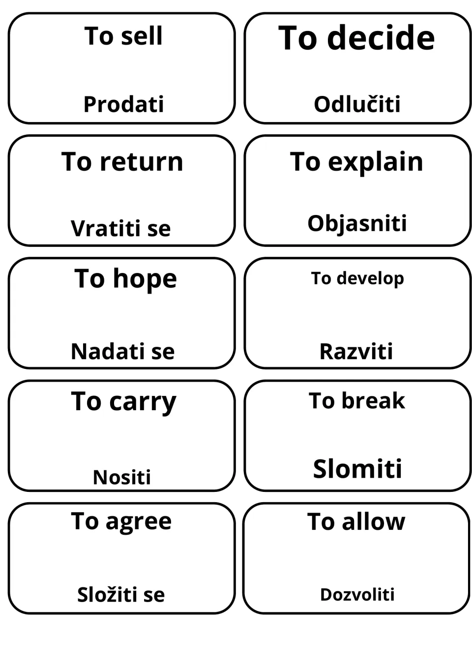 Verb cards for sell, decide, return, explain, hope, develop, carry, break, agree and allow, with Bosnian like Prodati