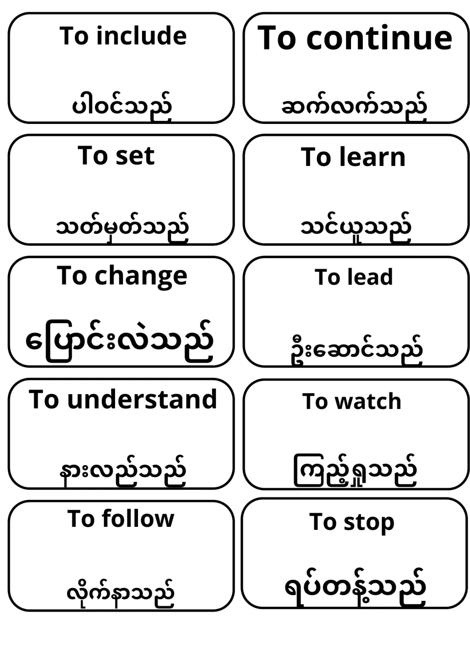 Verb flashcards with Burmese meanings: To include and To continue through To understand, To watch, To follow and To stop