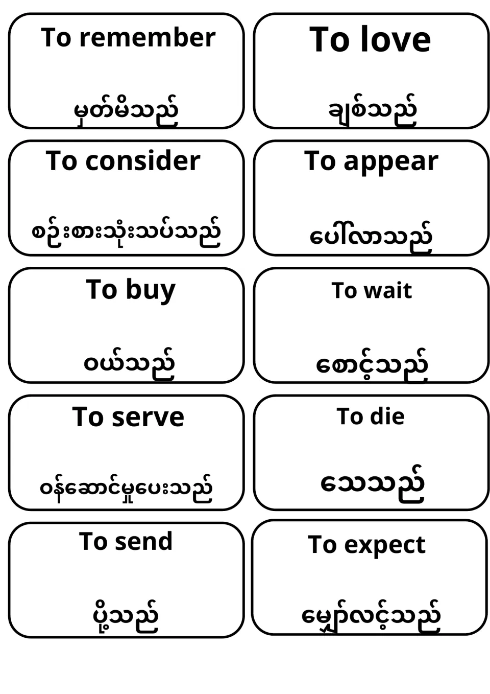 Burmese verb translation cards from To remember and To love to To send and To expect, including To buy and To wait