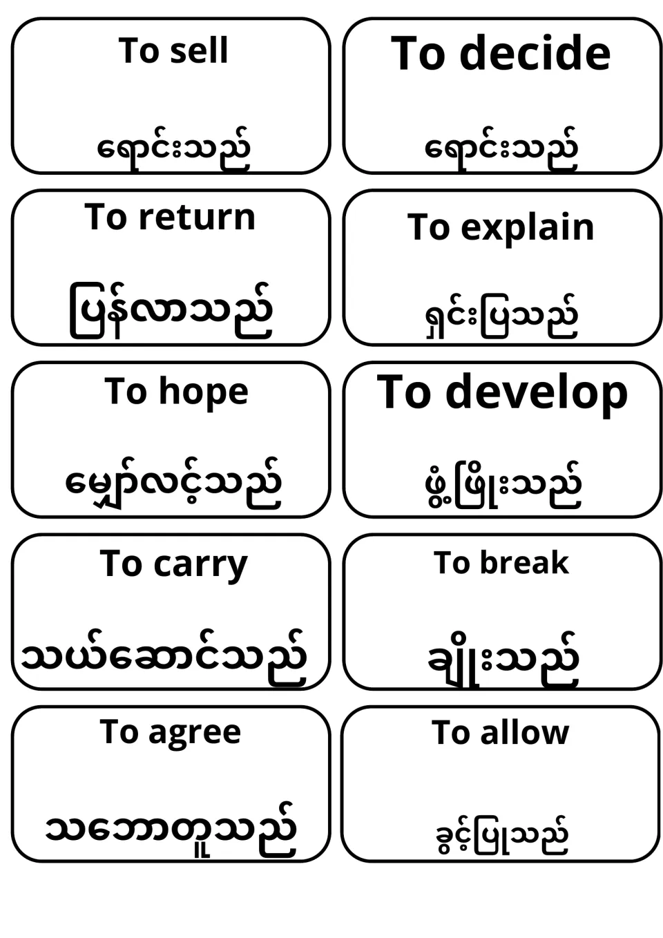 English verb cards with Burmese words, To sell and To decide through To develop, To carry, To break, To agree and To allow