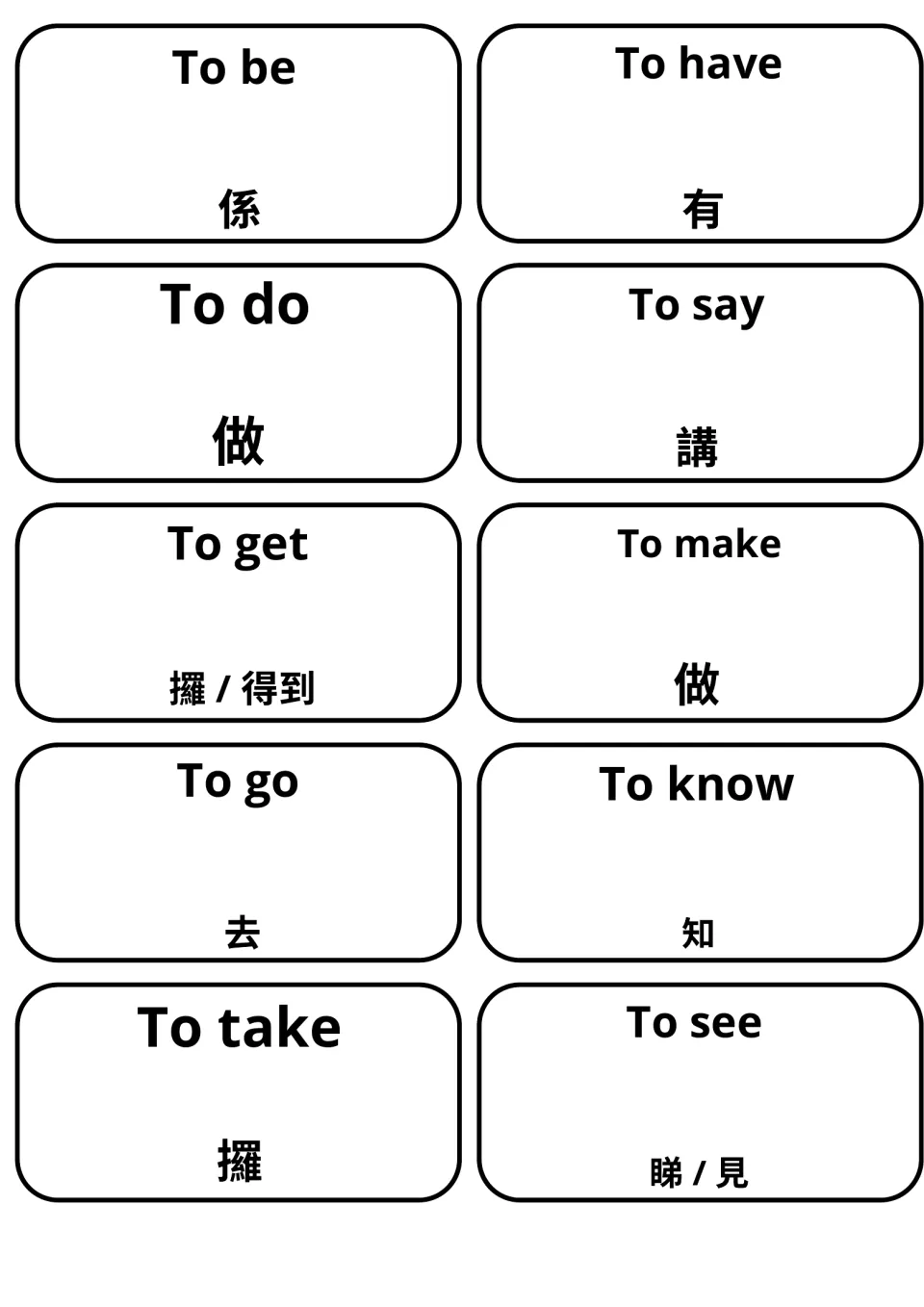 English-Cantonese verb cards: to be, have, do, say, get, make, go, know, take and see, each with its Cantonese word