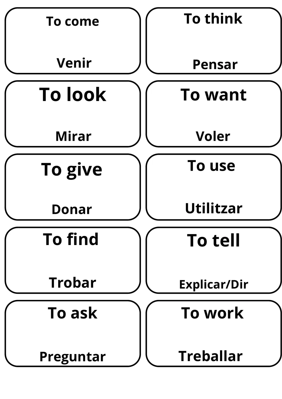 Verb flashcards matching English to Catalan, including to come/Venir, to think/Pensar, to want/Voler and to work/Treballar