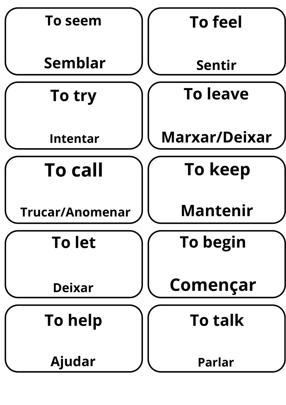 Translation cards for to seem, to feel, to try, to call and to help: Semblar, Sentir, Intentar, Trucar/Anomenar, Ajudar