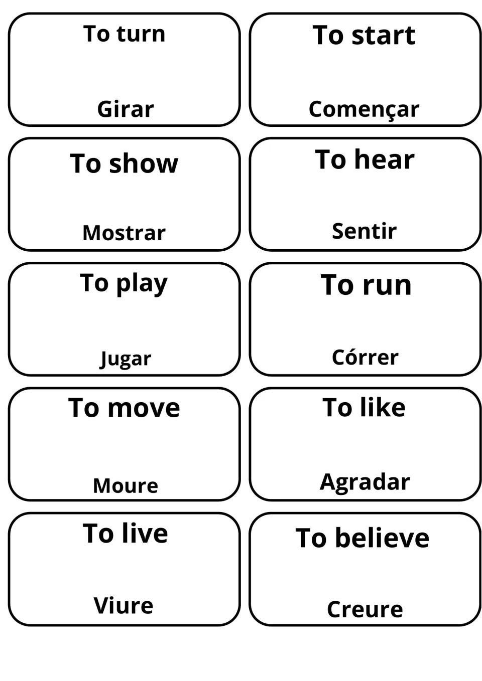 Action verb cards pairing to turn, to show, to play, to run and to live with Girar, Mostrar, Jugar, Córrer and Viure