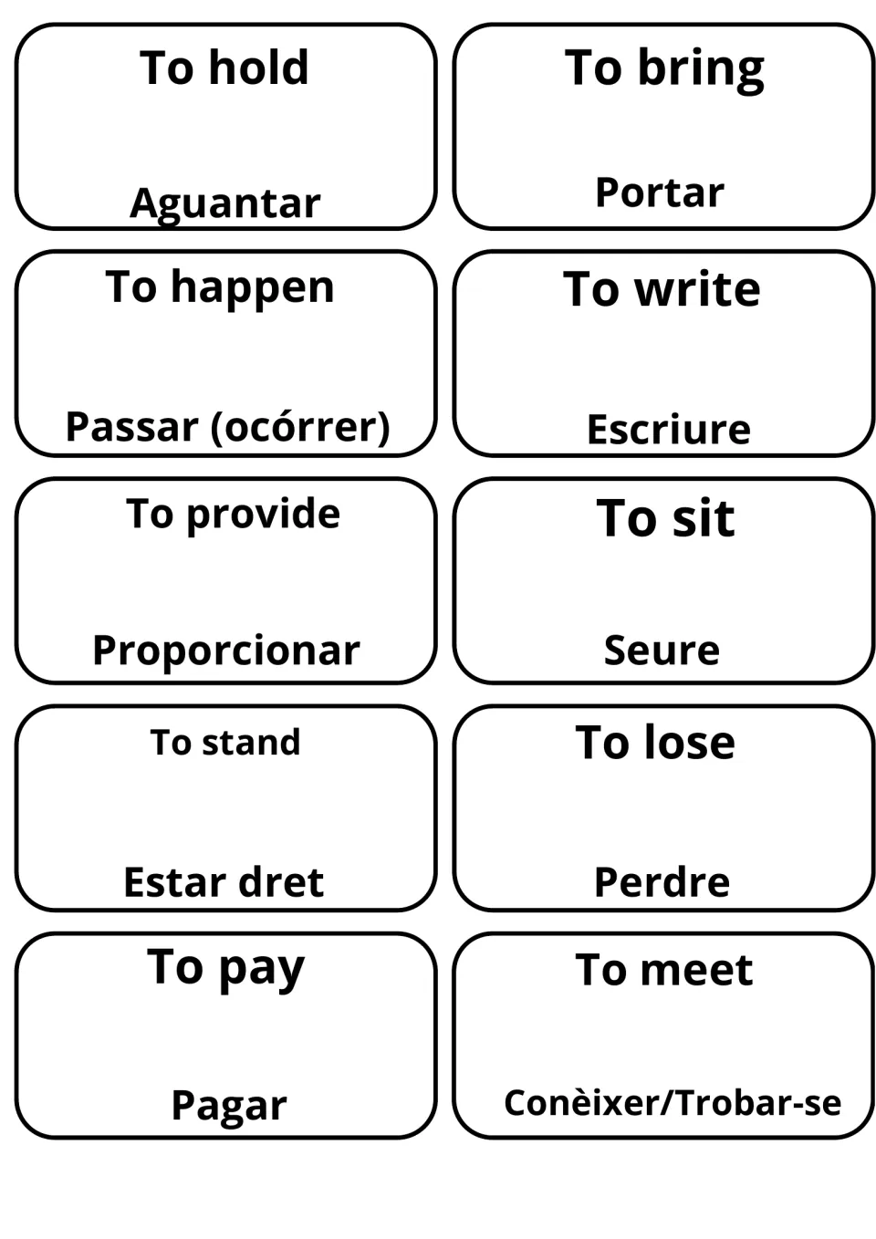 Catalan verb cards: to hold/Aguantar, to bring/Portar, to happen/Passar (ocórrer), to write/Escriure, to pay/Pagar