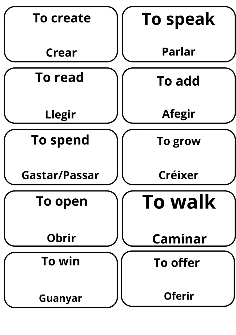 Verb translation cards: to create, to speak, to read, to grow and to walk beside Crear, Parlar, Llegir, Créixer, Caminar