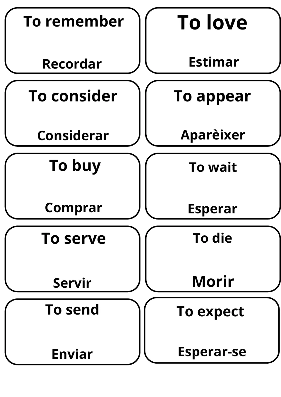 Cards translating to remember, to love, to buy, to wait and to send into Recordar, Estimar, Comprar, Esperar, Enviar