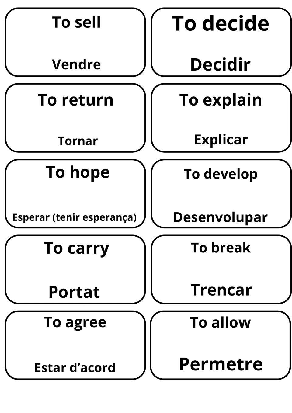 Last verb set: to sell, to decide, to hope, to carry and to break paired with Vendre, Decidir, Esperar, Portat, Trencar