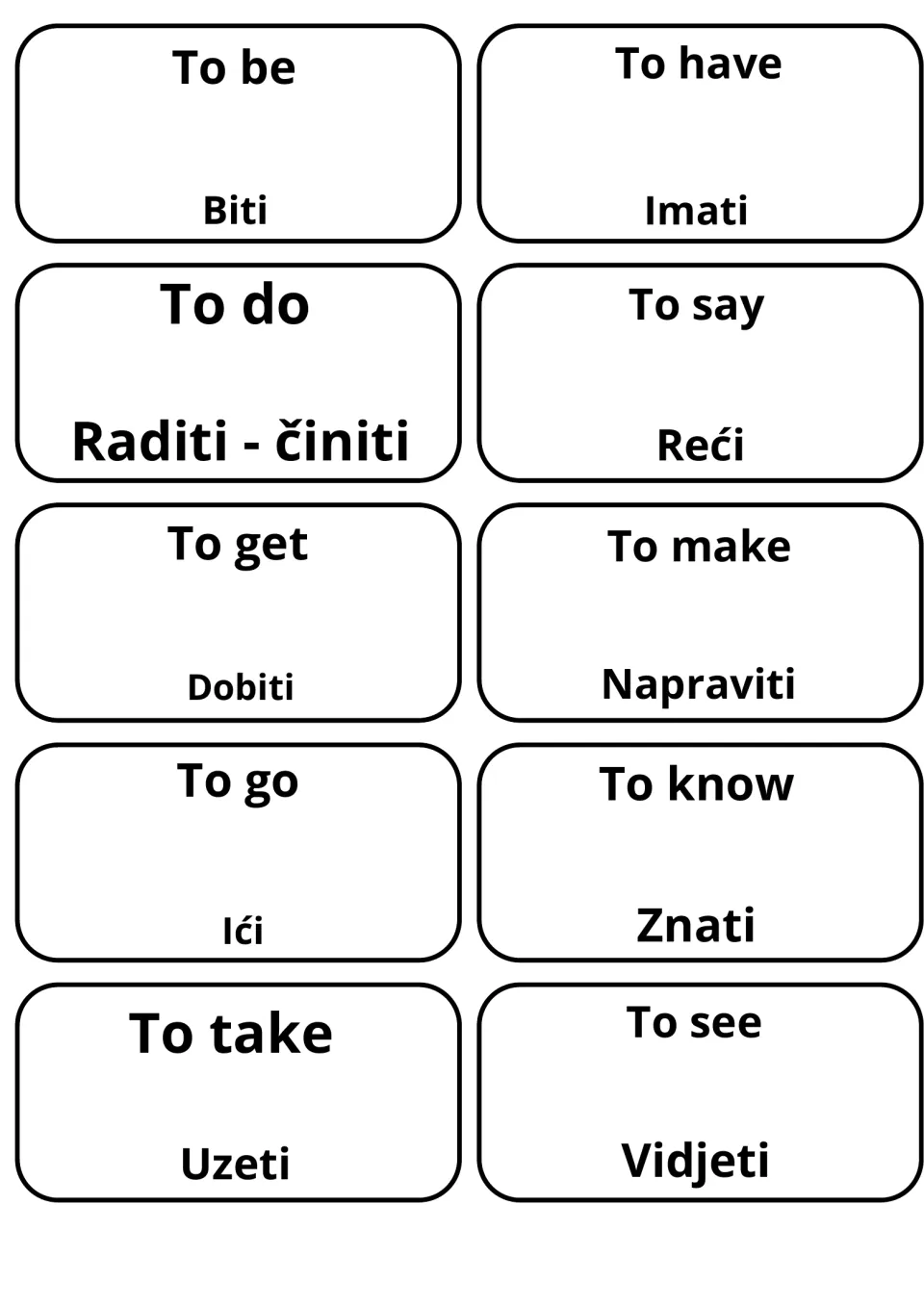 English-Croatian verb flashcards: to be/Biti, to have/Imati, to do/Raditi - činiti, to say/Reći and to go/Ići