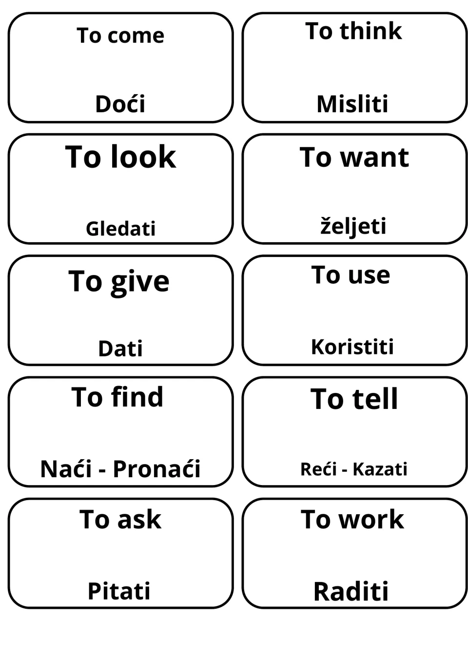 Verb flashcards in English and Croatian: to come/Doći, to think/Misliti, to want/željeti, to find/Naći and to ask/Pitati
