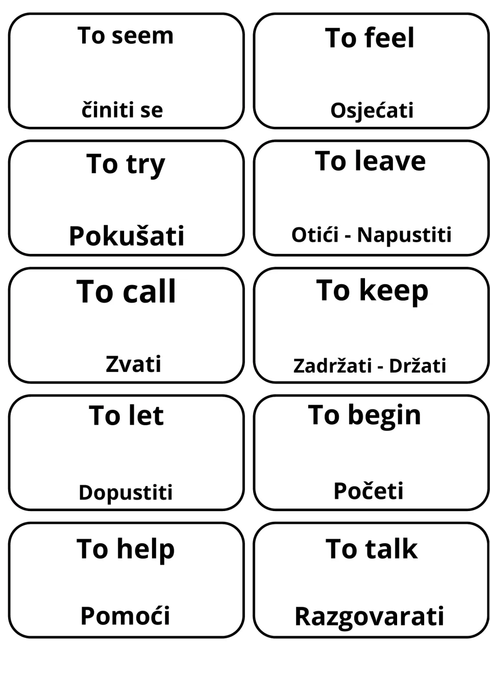Croatian verb cards: to seem/činiti se, to try/Pokušati, to leave/Otići, to help/Pomoći, to talk/Razgovarati