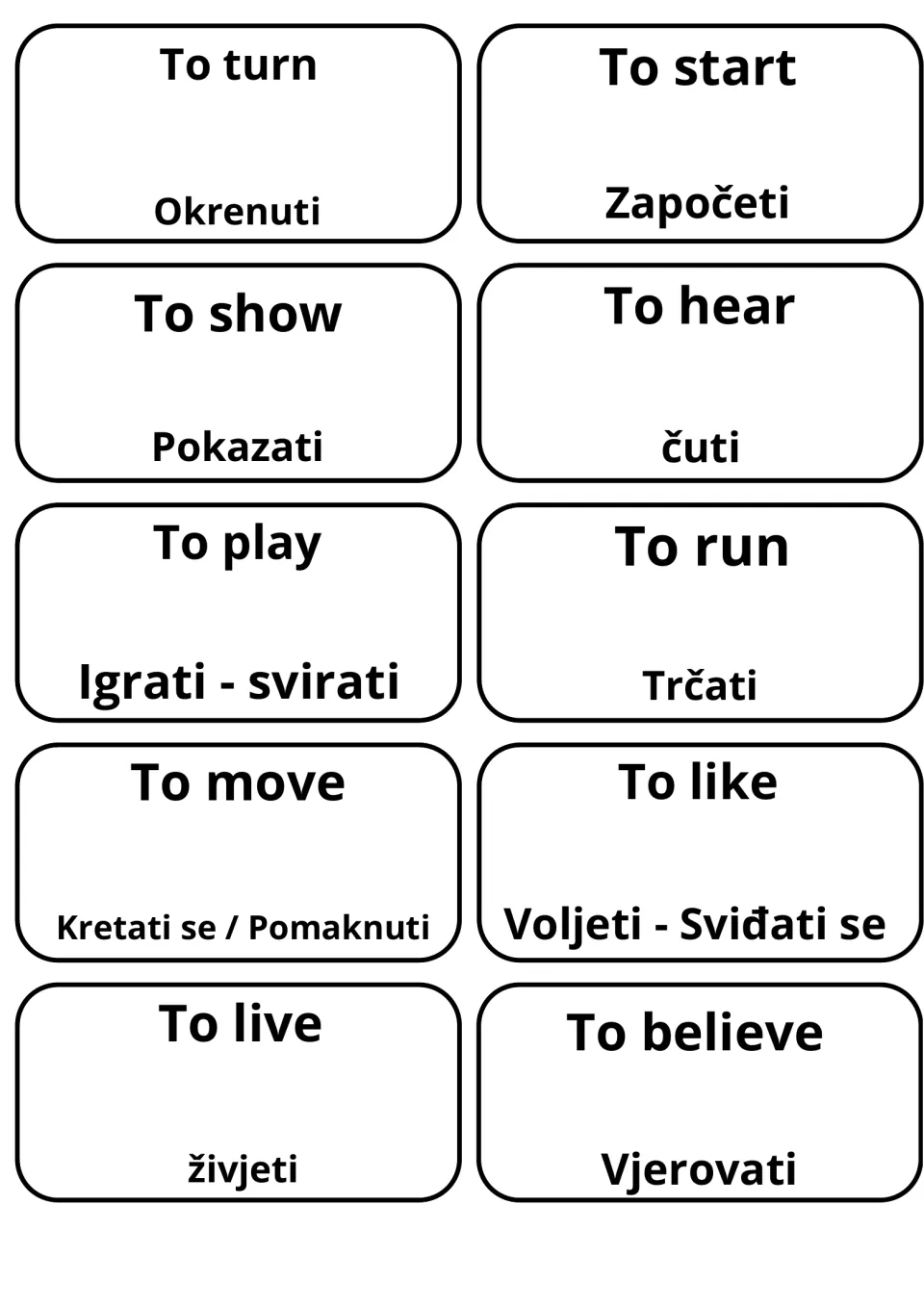 Verb flashcards with Croatian meanings: to turn/Okrenuti, to show/Pokazati, to play/Igrati - svirati and to run/Trčati