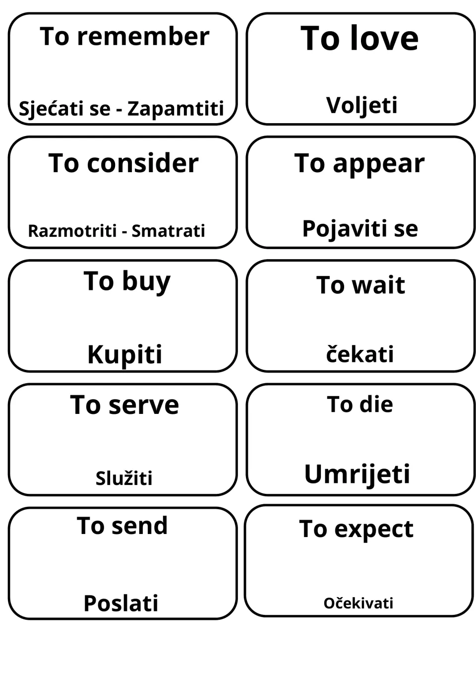 Flashcards translating verbs into Croatian: to remember/Sjećati se, to love/Voljeti, to buy/Kupiti and to wait/čekati