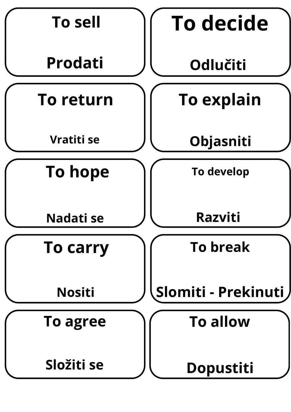 Last verb cards with Croatian: to sell/Prodati, to decide/Odlučiti, to explain/Objasniti and to hope/Nadati se