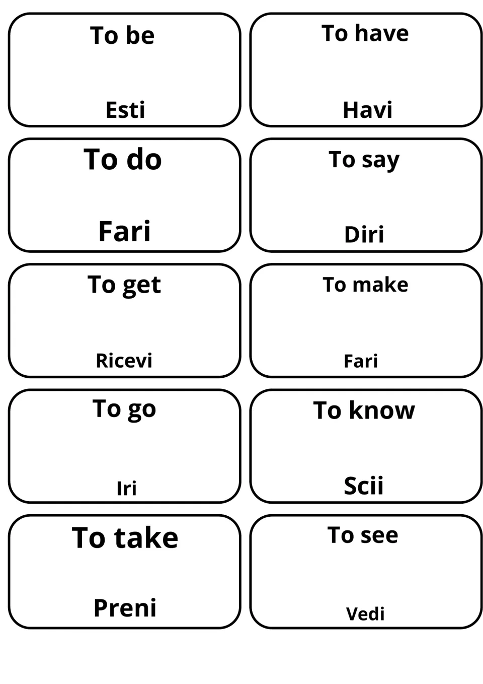 English-Esperanto verb flashcards: 10 cards pair to be/Esti, to have/Havi, to do/Fari, to go/Iri, to know/Scii and more