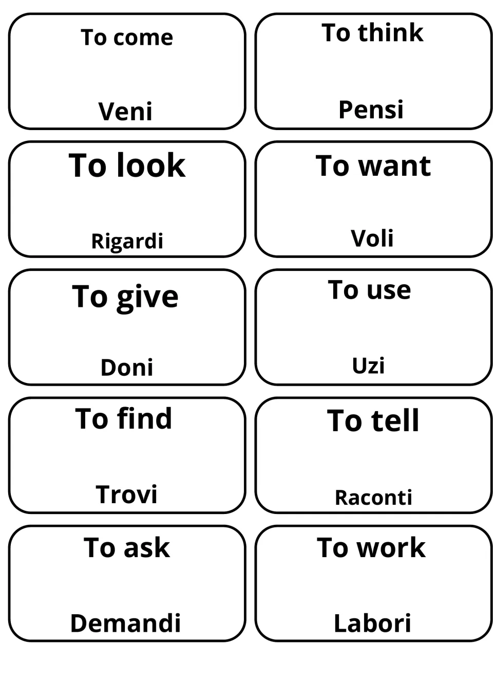 Verb vocabulary cards: 10 English verbs with Esperanto, e.g. to come/Veni, to think/Pensi, to want/Voli, to ask/Demandi