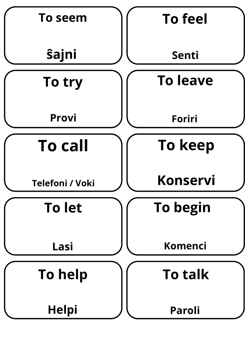 Ten Esperanto verb cards: to seem/Ŝajni, to feel/Senti, to try/Provi, to call/Telefoni or Voki, to help/Helpi