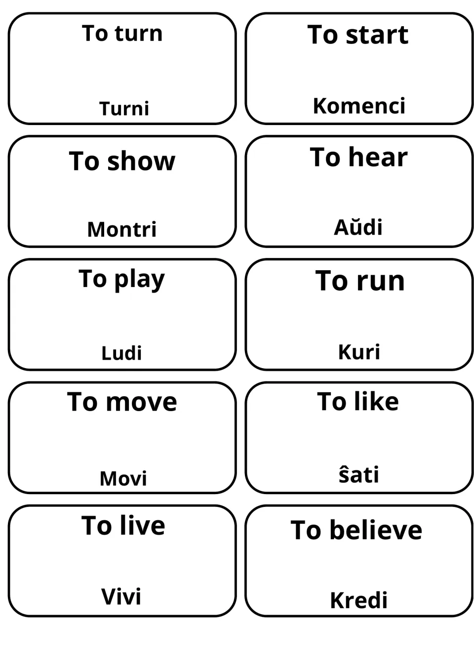 Common verb flashcards in English and Esperanto: to turn/Turni, to show/Montri, to hear/Aŭdi, to play/Ludi, to run/Kuri