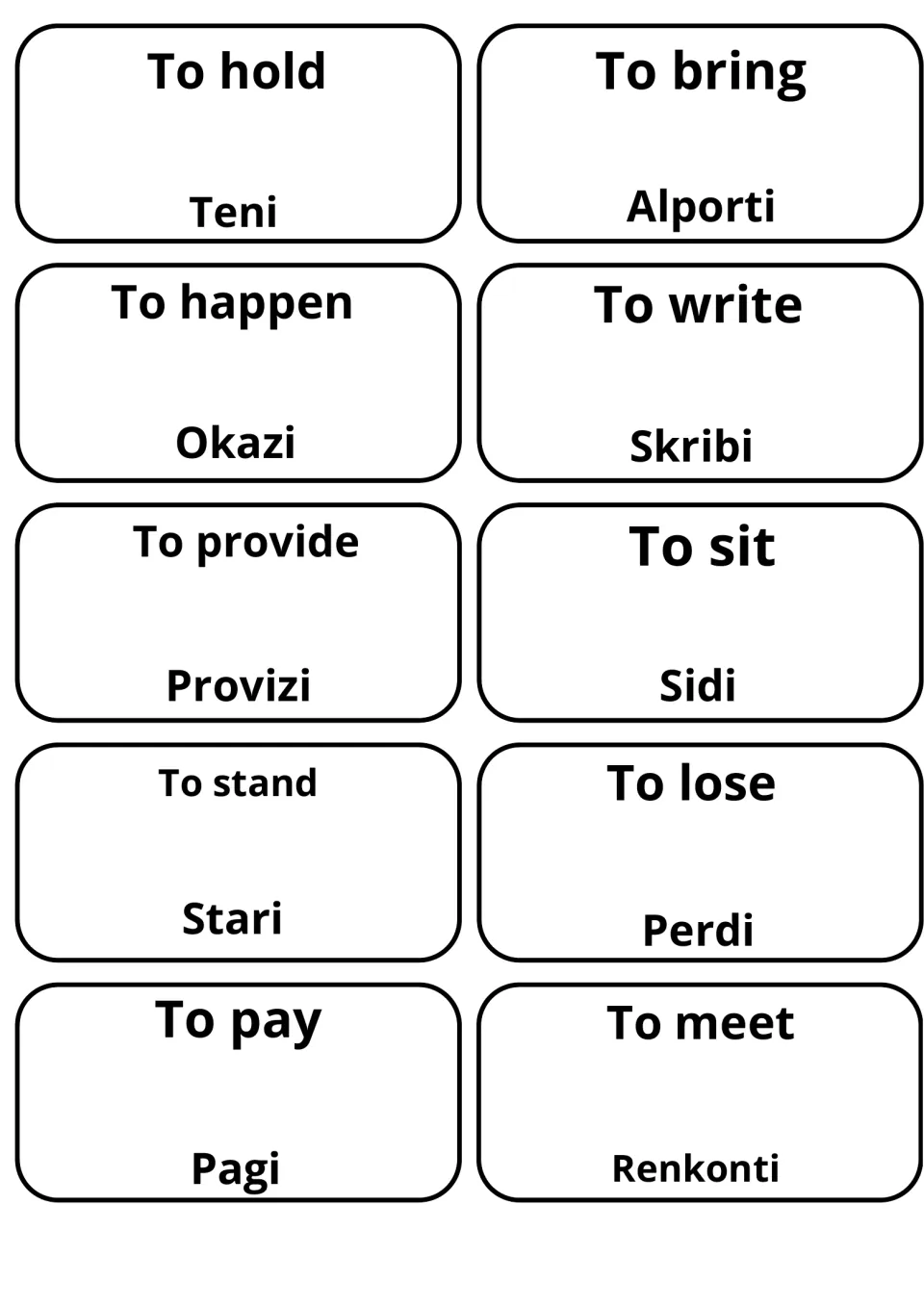 English-to-Esperanto verb cards for to hold/Teni, to bring/Alporti, to happen/Okazi, to write/Skribi, to meet/Renkonti