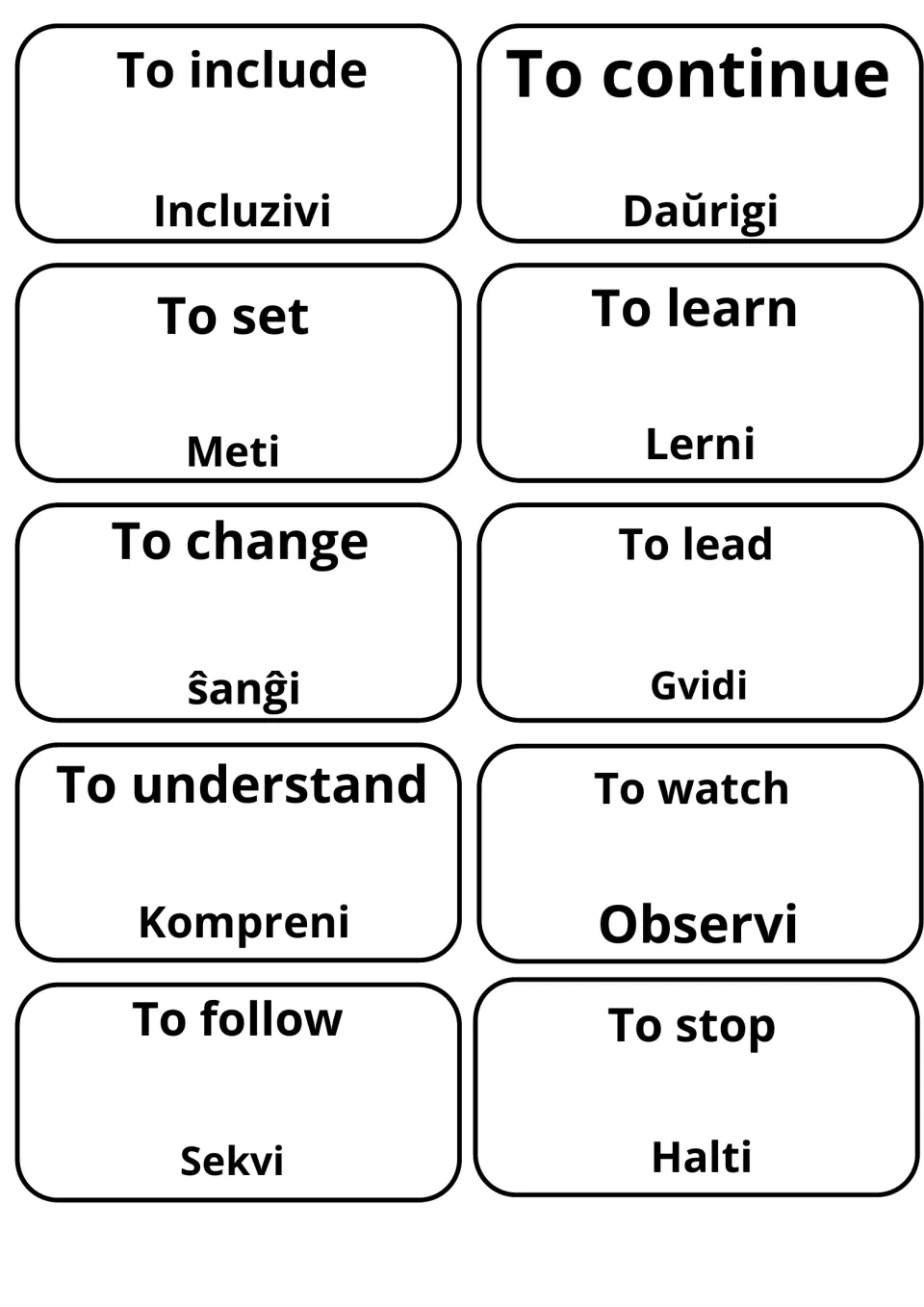Esperanto verb cards for to include/Incluzivi, to continue/Daŭrigi, to change/Ŝanĝi, to understand/Kompreni and more
