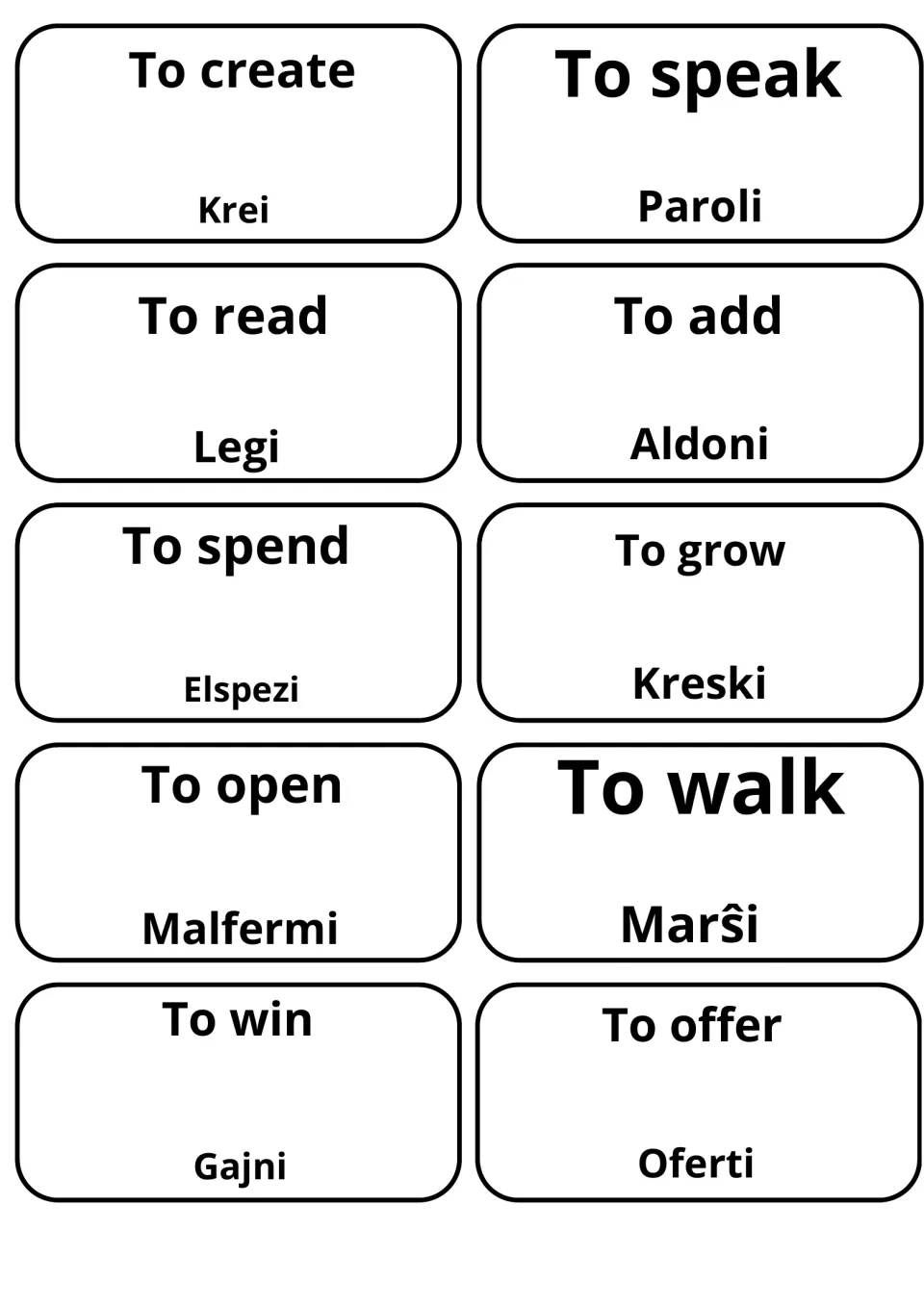 Verb translation cards, English to Esperanto: to create/Krei, to speak/Paroli, to open/Malfermi, to walk/Marŝi