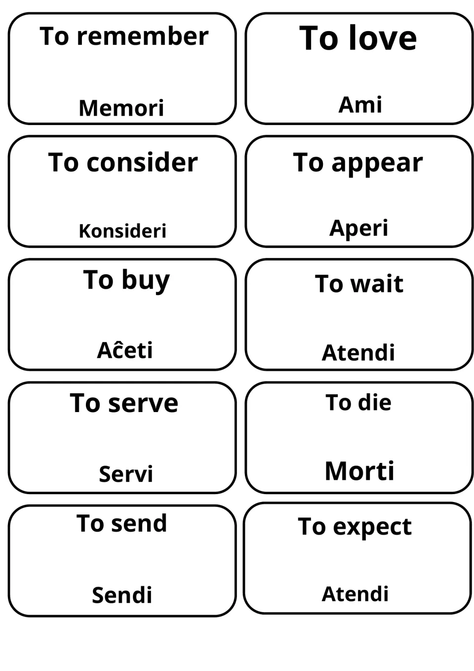Ten verb cards with Esperanto meanings: to remember/Memori, to love/Ami, to buy/Aĉeti, to wait/Atendi, to send/Sendi