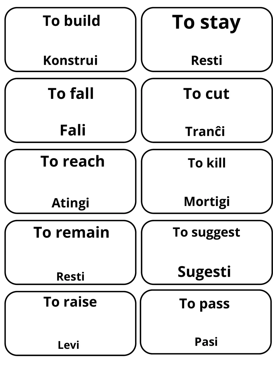 English verbs paired with Esperanto on 10 cards: to build/Konstrui, to stay/Resti, to cut/Tranĉi, to raise/Levi