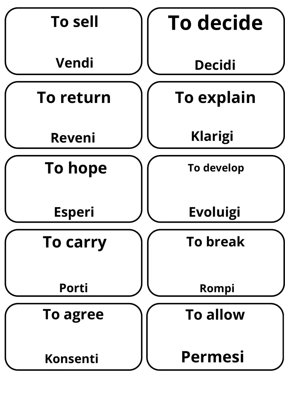 Verb flashcards in Esperanto: to sell/Vendi, to decide/Decidi, to hope/Esperi, to explain/Klarigi, to agree/Konsenti