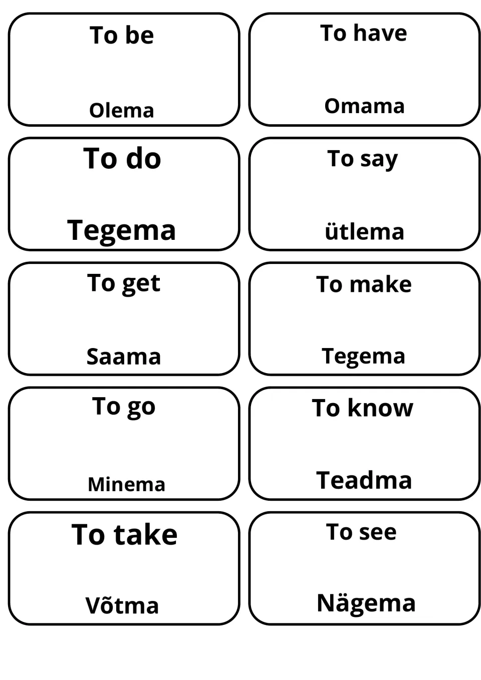 English-Estonian verb flashcards: to be (Olema), to have (Omama), to do (Tegema), to go (Minema) and 6 more