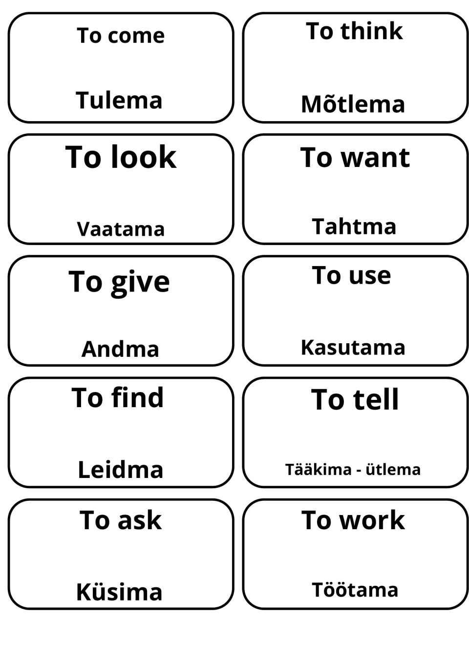 Verb cards in English and Estonian: to come (Tulema), to think (Mõtlema), to want (Tahtma), to ask (Küsima) and 6 more